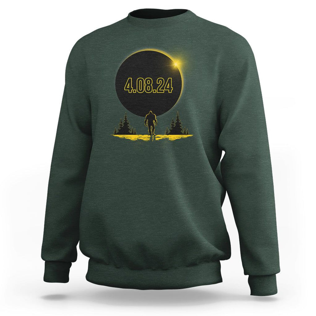 Total Solar Eclipse Bigfoot Sweatshirt American Totality April 8 2024 Sasquatch Silhouette TS02 Dark Forest Green Printyourwear