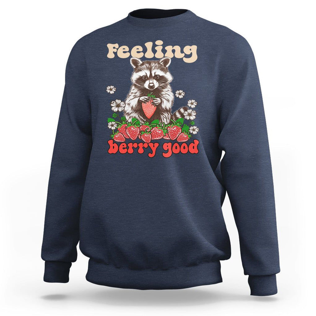 Funny Raccoon Sweatshirt Feeling Berry Good Eating Strawberries TS02 Navy Printyourwear