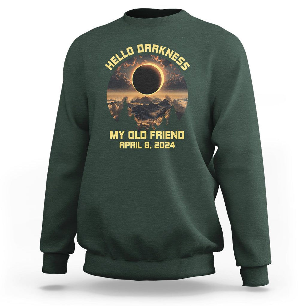 Total Solar Eclipse Sweatshirt Hello Darkness My Old Friend April 8 2024 American Totality TS02 Dark Forest Green Printyourwear