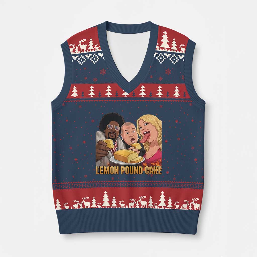 Funny Lemon Pound Cake Meme V-Neck Knit Sweater Vest Retro Edgy Music Humor Gift for Party Lovers TS02 Navy Red Print Your Wear