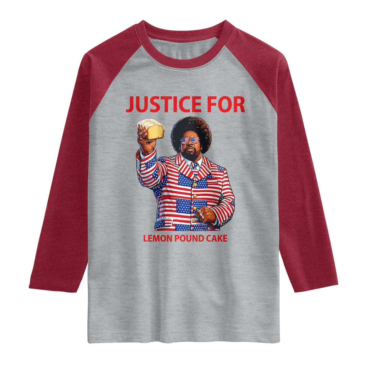 Justice for Lemon Pound Cake Raglan Shirt Funny Viral Edgy Meme Courtroom Parody Rap Fans TS02 Heather Gray Heather Red Print Your Wear