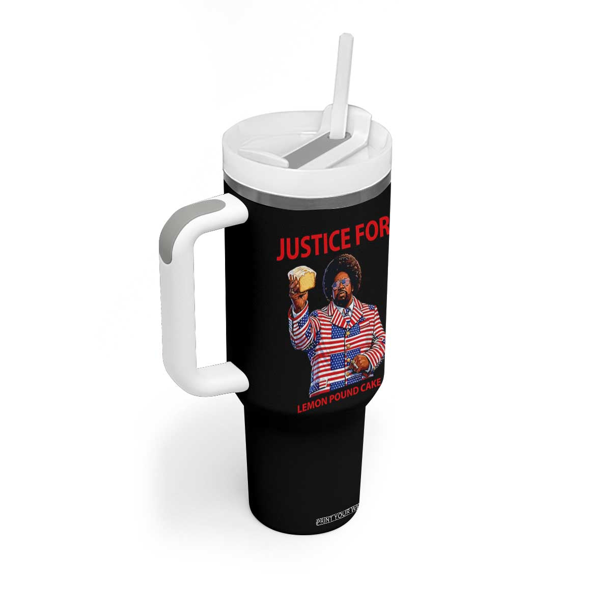 Justice for Lemon Pound Cake Tumbler With Handle Funny Viral Edgy Meme Courtroom Parody Rap Fans TS02 Print Your Wear