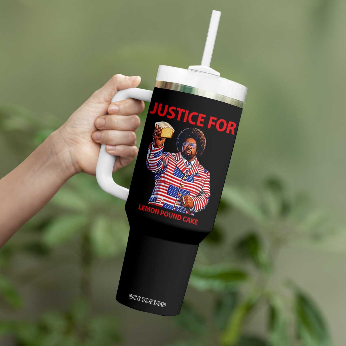 Justice for Lemon Pound Cake Tumbler With Handle Funny Viral Edgy Meme Courtroom Parody Rap Fans TS02 Print Your Wear