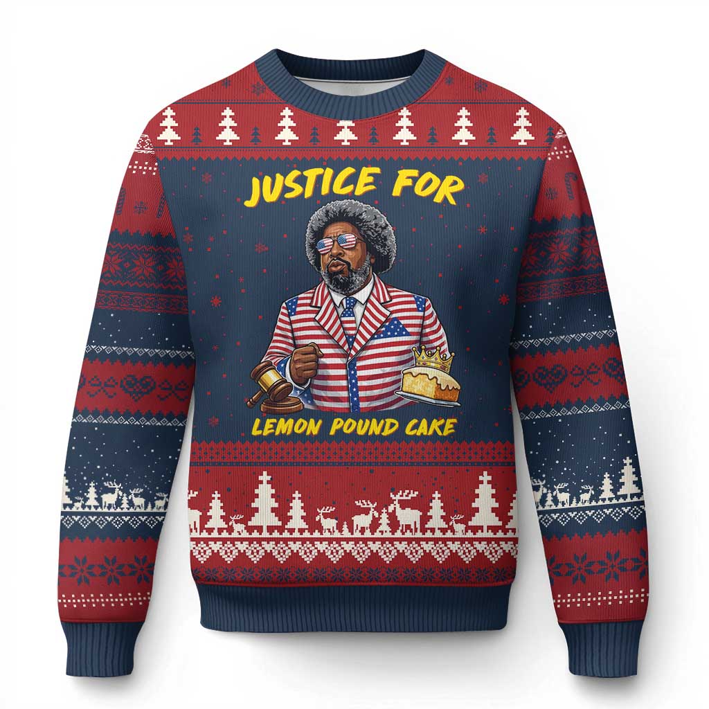 Justice for Lemon Pound Cake Funny Viral Meme Ugly Christmas Sweater Edgy Hip Hop Humor Parody Gift for Rap Fans TS02 Navy Red Print Your Wear