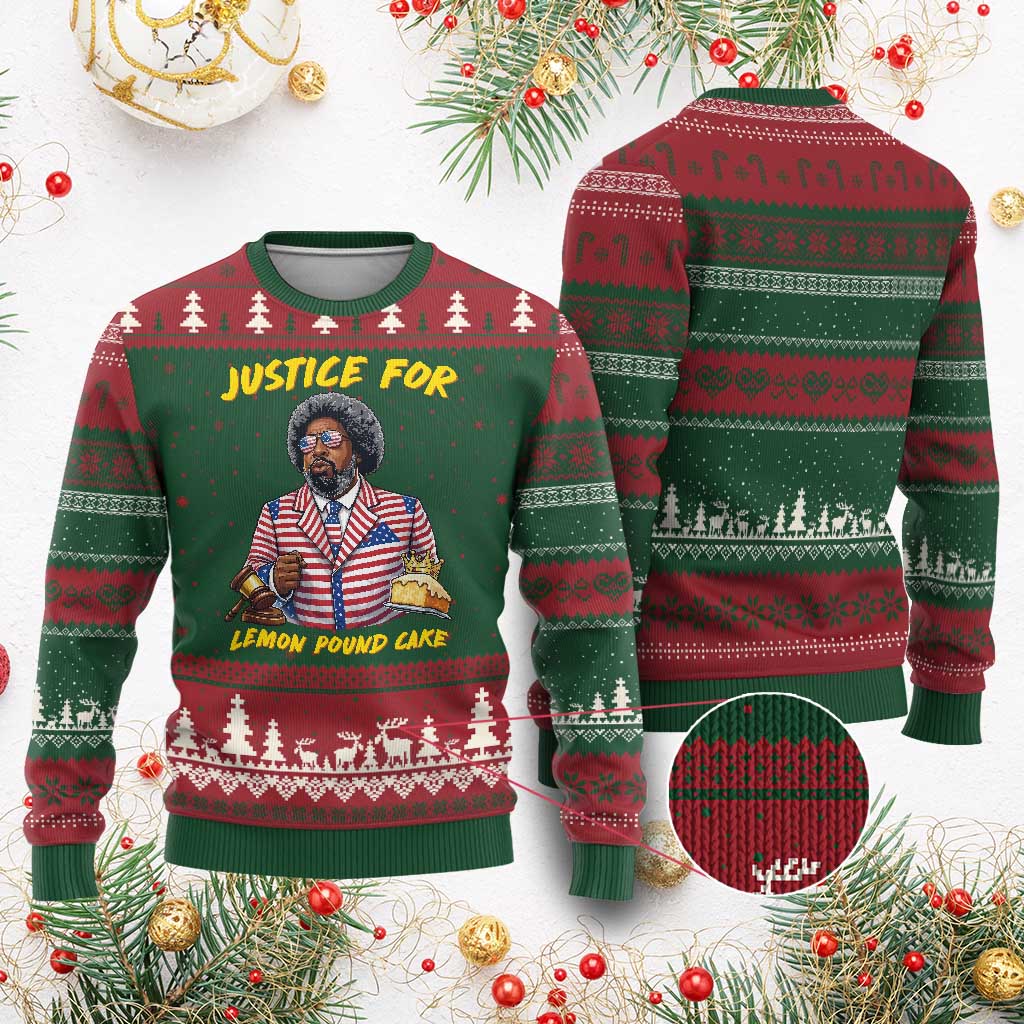 Justice for Lemon Pound Cake Funny Viral Meme Ugly Christmas Sweater Edgy Hip Hop Humor Parody Gift for Rap Fans TS02 Red Green Print Your Wear