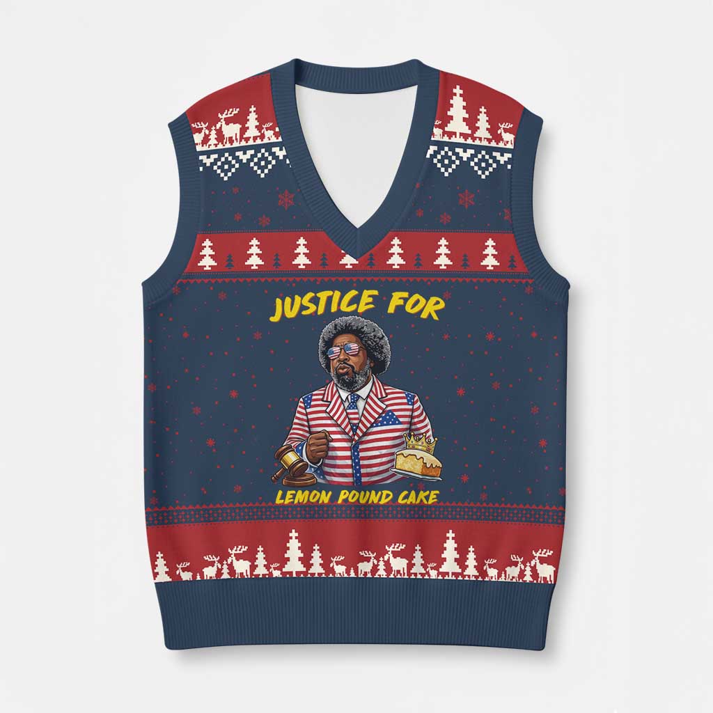 Justice for Lemon Pound Cake Funny Viral Meme V-Neck Knit Sweater Vest Edgy Hip Hop Humor Parody Gift for Rap Fans TS02 Navy Red Print Your Wear