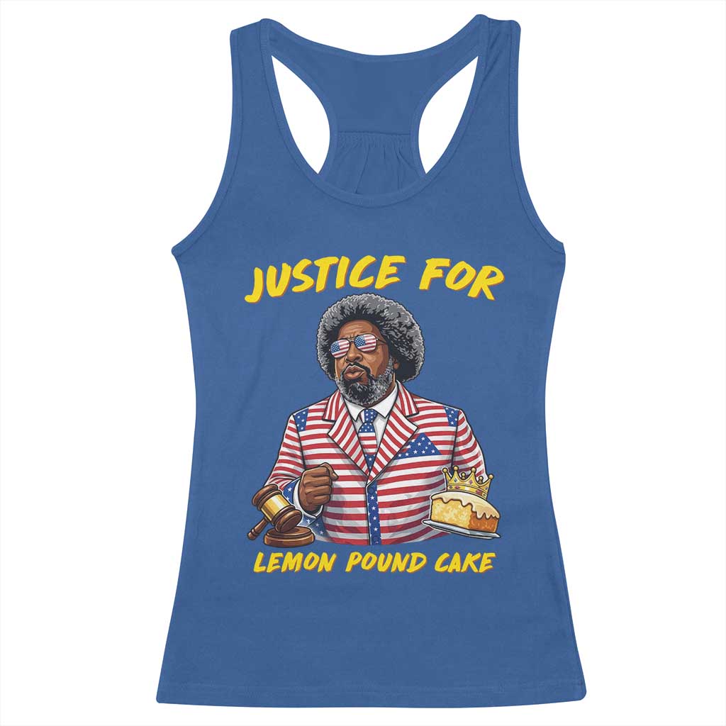 Justice for Lemon Pound Cake Funny Viral Meme Racerback Tank Top Edgy Hip Hop Humor Parody Gift for Rap Fans TS02 Royal Blue Print Your Wear
