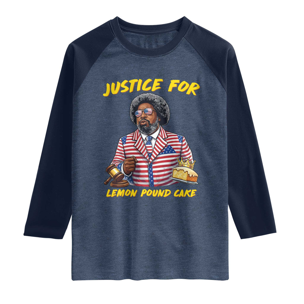 Justice for Lemon Pound Cake Funny Viral Meme Raglan Shirt Edgy Hip Hop Humor Parody Gift for Rap Fans TS02 Heather Denim Navy Print Your Wear