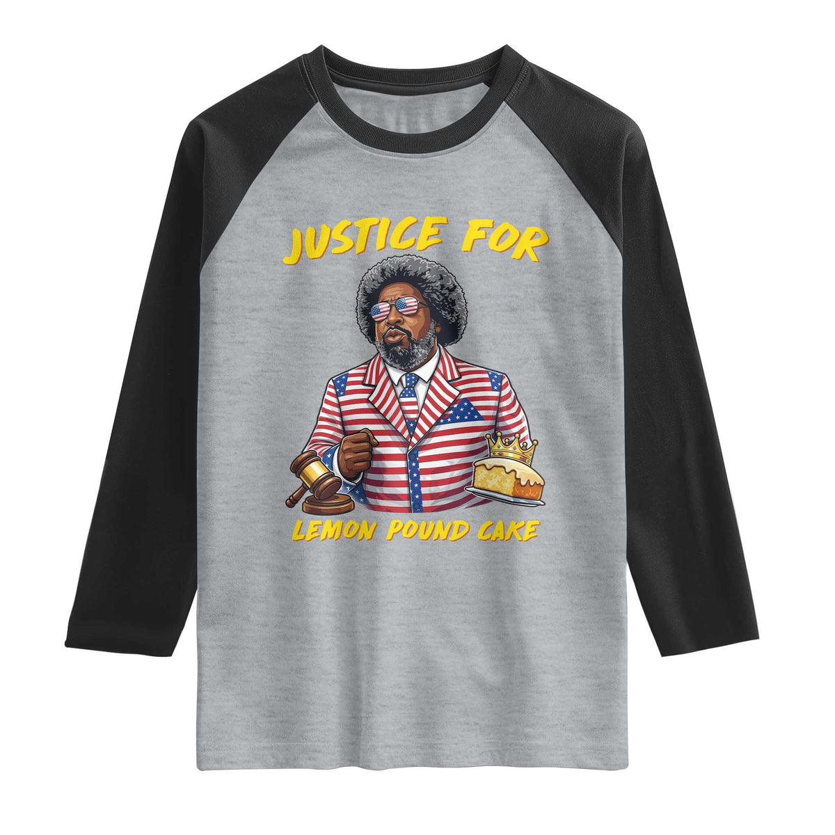 Justice for Lemon Pound Cake Funny Viral Meme Raglan Shirt Edgy Hip Hop Humor Parody Gift for Rap Fans TS02 Heather Gray Black Print Your Wear
