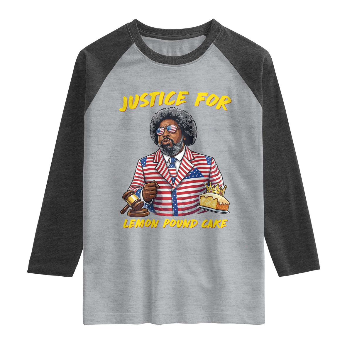 Justice for Lemon Pound Cake Funny Viral Meme Raglan Shirt Edgy Hip Hop Humor Parody Gift for Rap Fans TS02 Heather Gray Heather Charcoal Print Your Wear