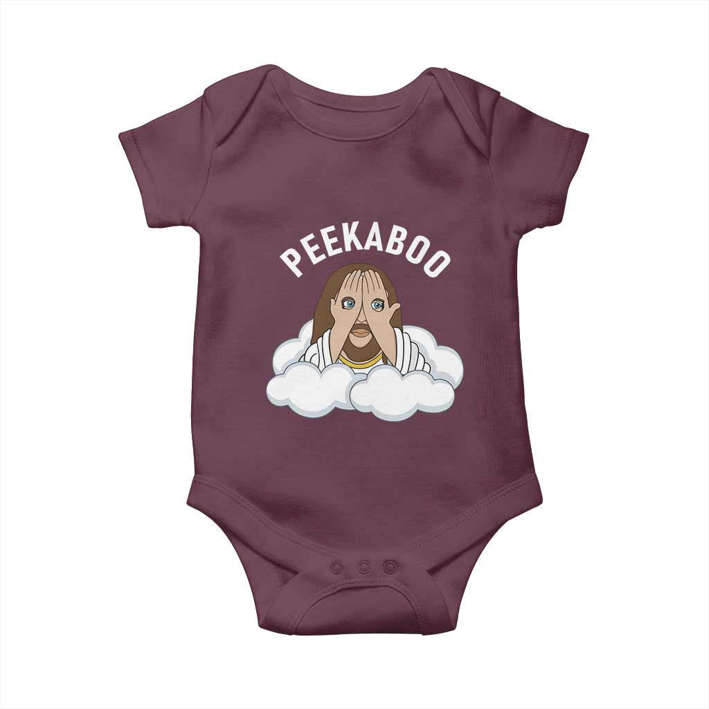Peekaboo Jesus Funny Christian Baby Onesie Faith Humor Savior in Clouds Religious Meme TS02 Maroon Print Your Wear