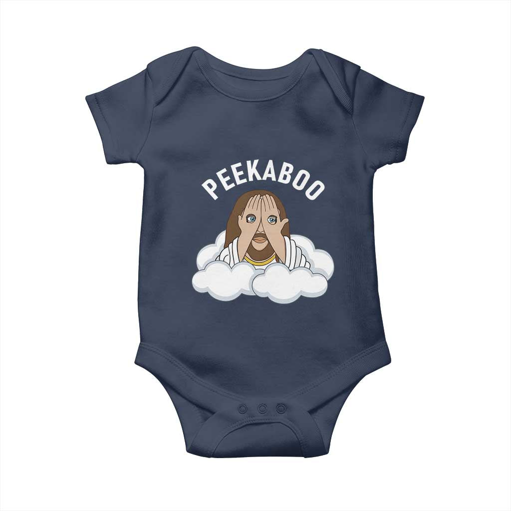 Peekaboo Jesus Funny Christian Baby Onesie Faith Humor Savior in Clouds Religious Meme TS02 Navy Print Your Wear