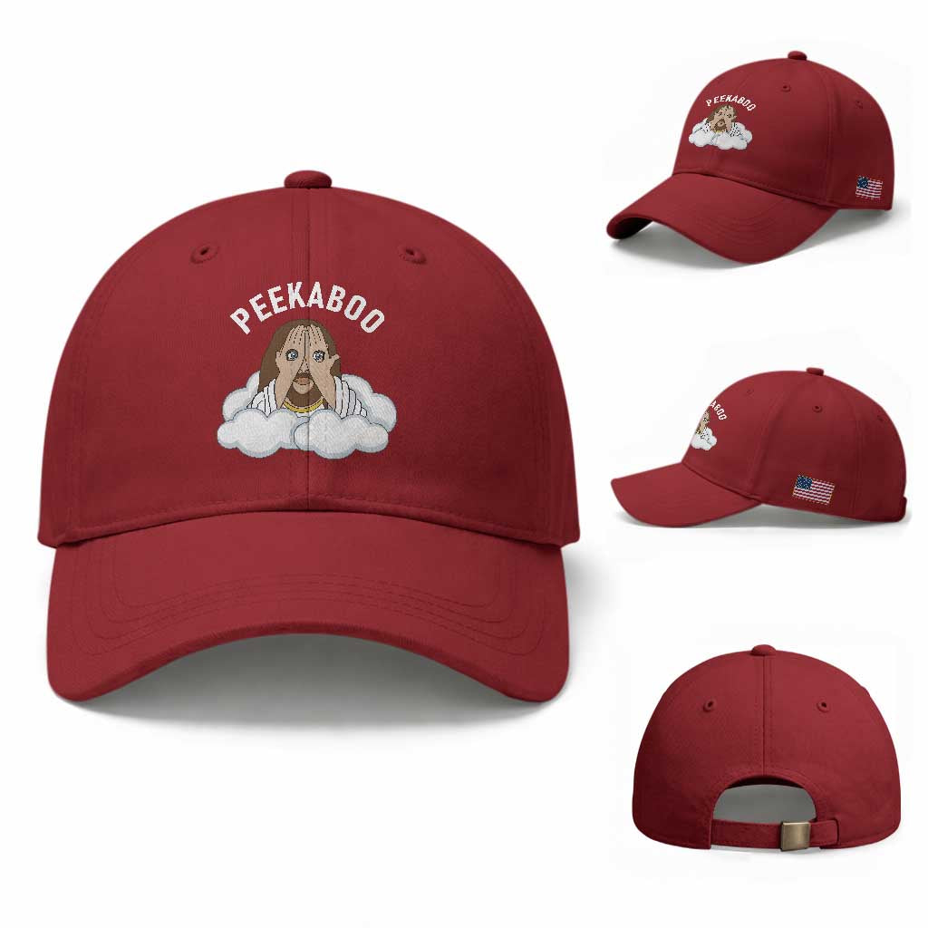 Peekaboo Jesus Funny Christian Baseball Cap Faith Humor Savior in Clouds Religious Meme TS02 Baseball Cap Universal Fit Cherry Red Print Your Wear