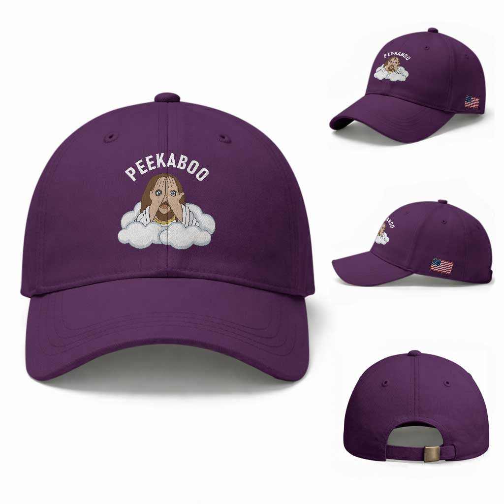 Peekaboo Jesus Funny Christian Baseball Cap Faith Humor Savior in Clouds Religious Meme TS02 Baseball Cap Universal Fit Purple Print Your Wear