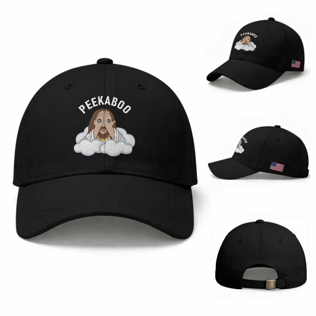 Peekaboo Jesus Funny Christian Baseball Cap Faith Humor Savior in Clouds Religious Meme TS02 Baseball Cap Universal Fit Black Print Your Wear