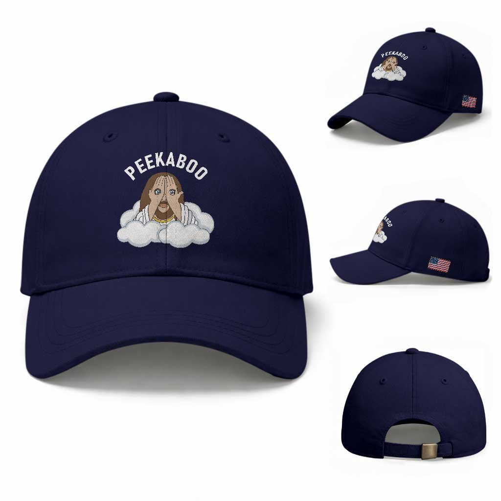 Peekaboo Jesus Funny Christian Baseball Cap Faith Humor Savior in Clouds Religious Meme TS02 Baseball Cap Universal Fit Dark Blue Print Your Wear
