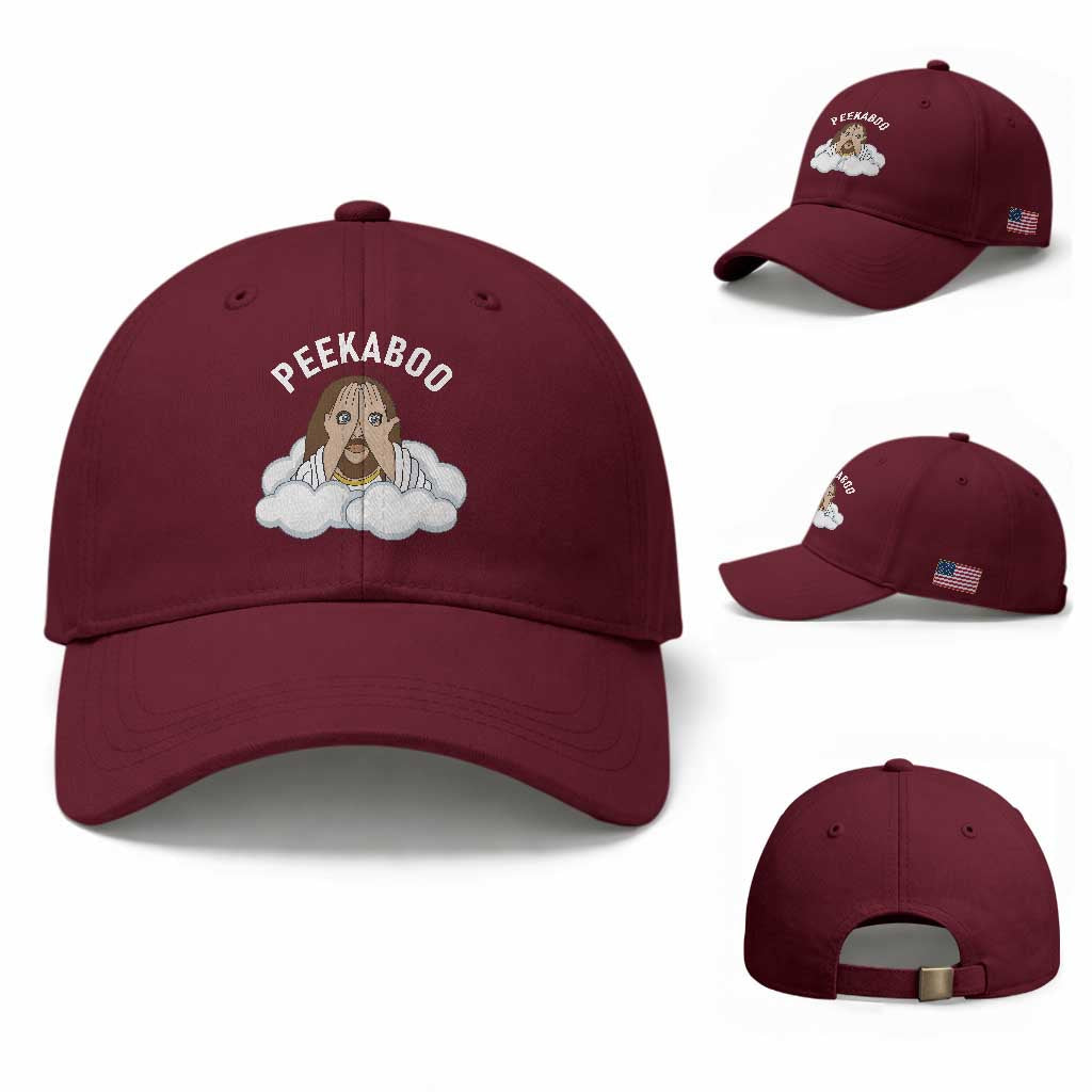 Peekaboo Jesus Funny Christian Baseball Cap Faith Humor Savior in Clouds Religious Meme TS02 Baseball Cap Universal Fit Maroon Print Your Wear