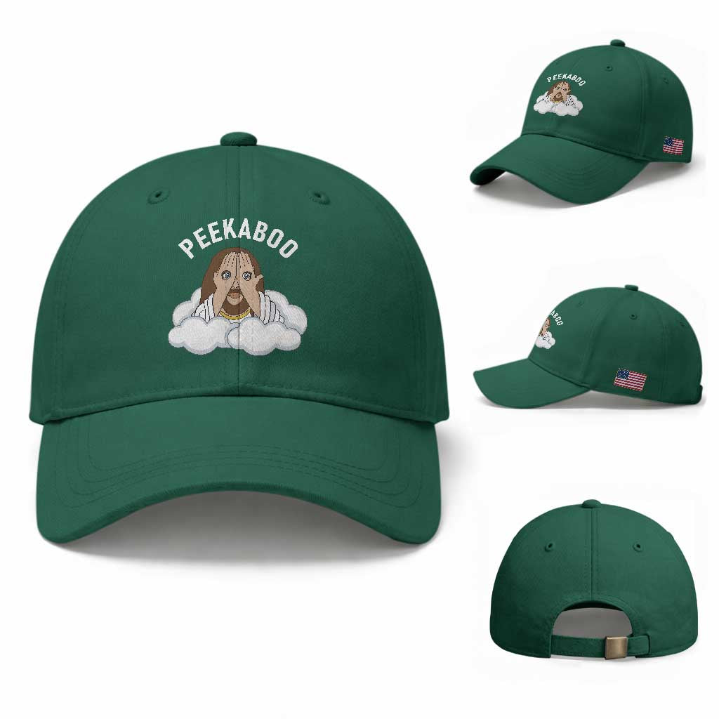 Peekaboo Jesus Funny Christian Baseball Cap Faith Humor Savior in Clouds Religious Meme TS02 Baseball Cap Universal Fit Irish Green Print Your Wear