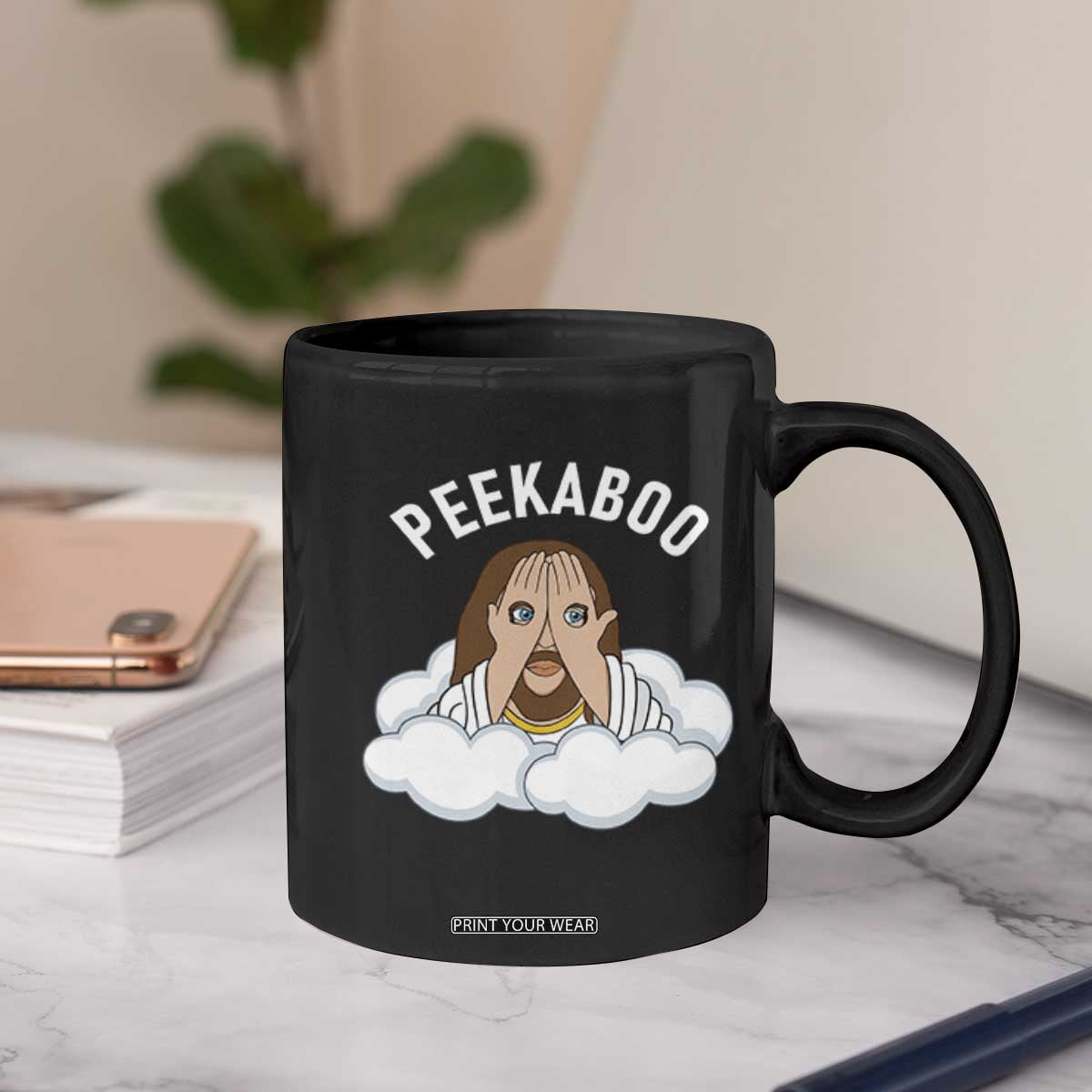 Peekaboo Jesus Funny Christian Coffee Mug Faith Humor Savior in Clouds Religious Meme TS02 Print Your Wear