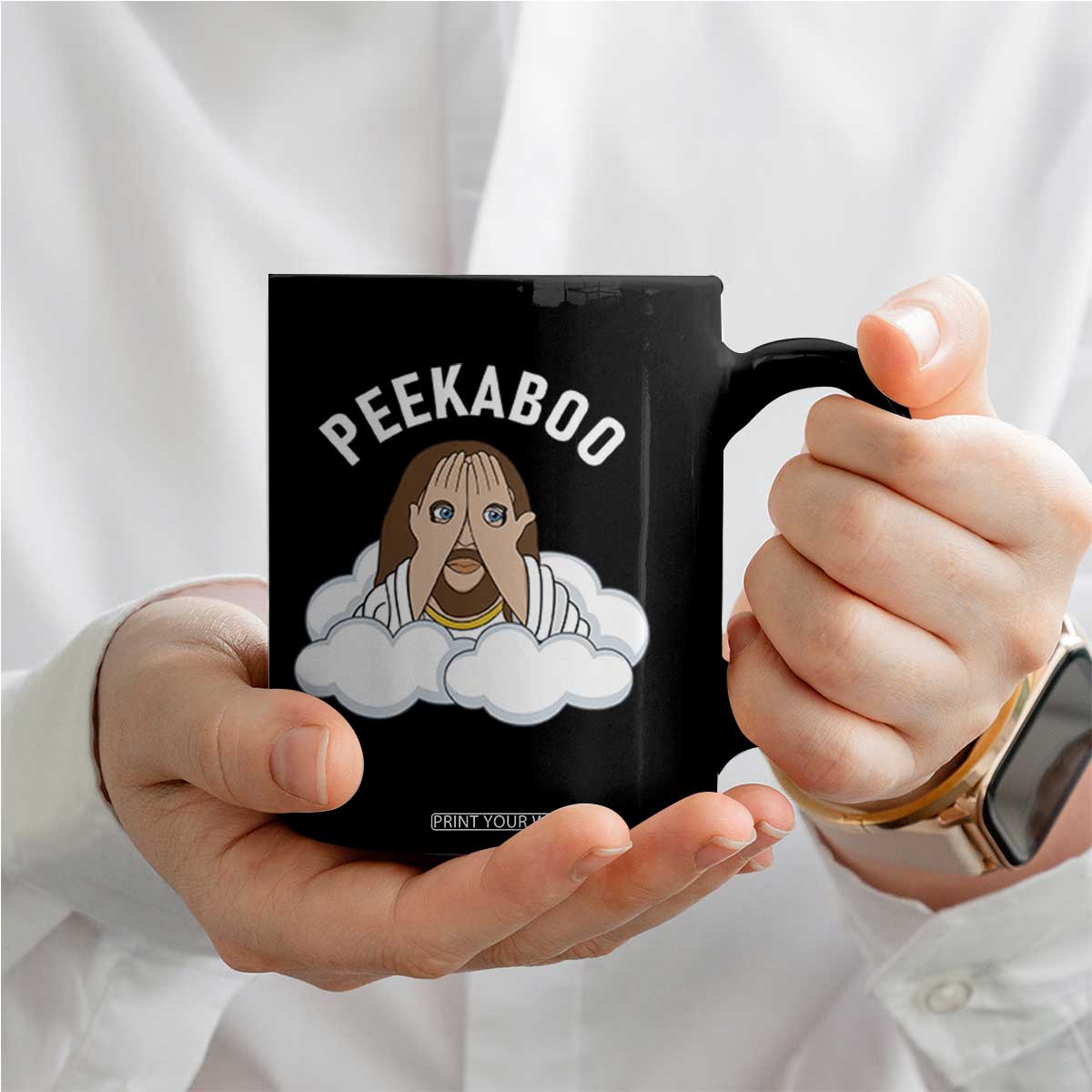 Peekaboo Jesus Funny Christian Coffee Mug Faith Humor Savior in Clouds Religious Meme TS02 Print Your Wear