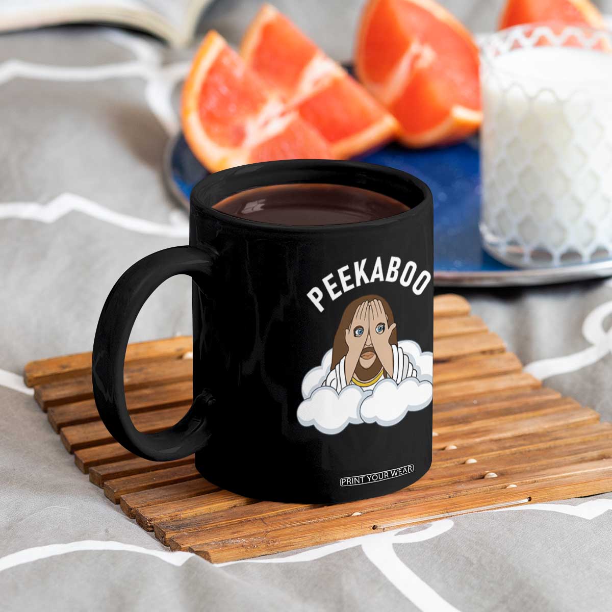 Peekaboo Jesus Funny Christian Coffee Mug Faith Humor Savior in Clouds Religious Meme TS02 Print Your Wear