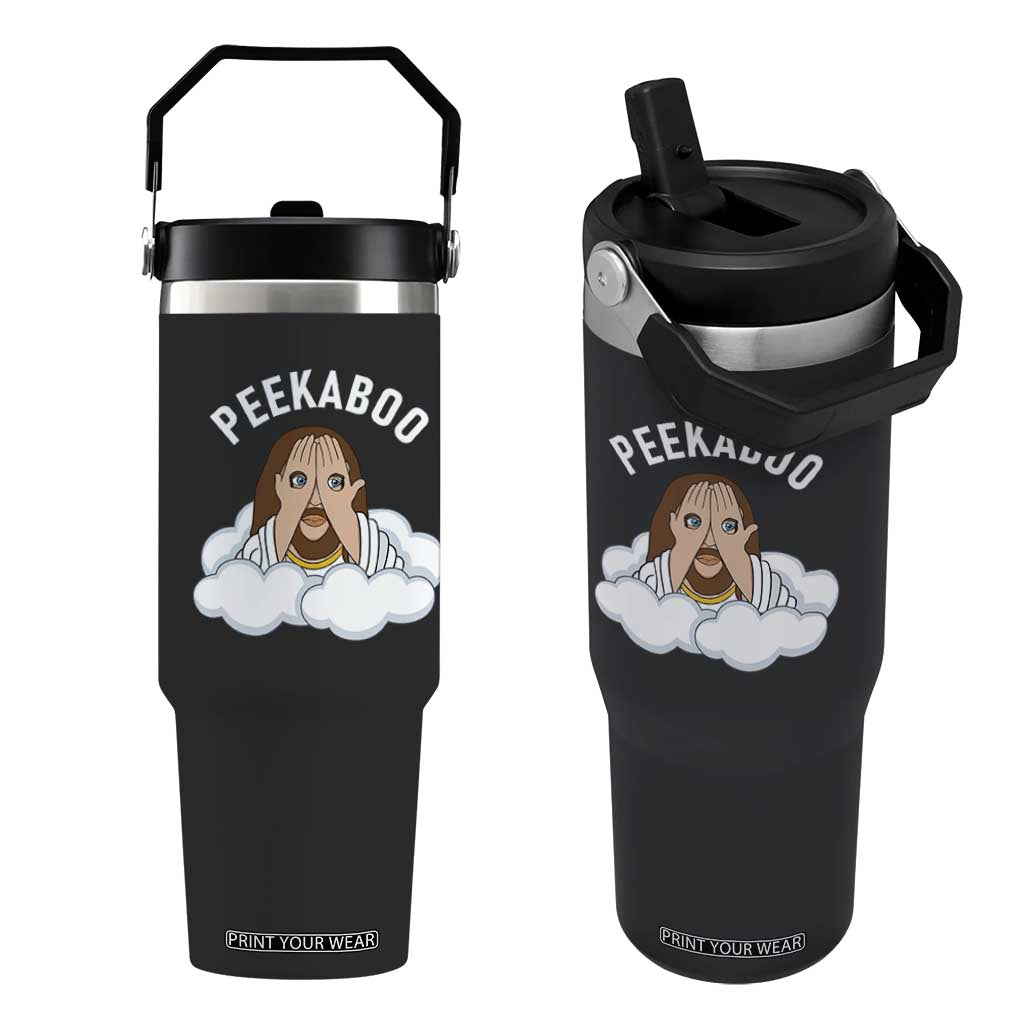 Peekaboo Jesus Funny Christian Flip Straw Tumbler Faith Humor Savior in Clouds Religious Meme TS02 One Size: 30 oz Black Print Your Wear