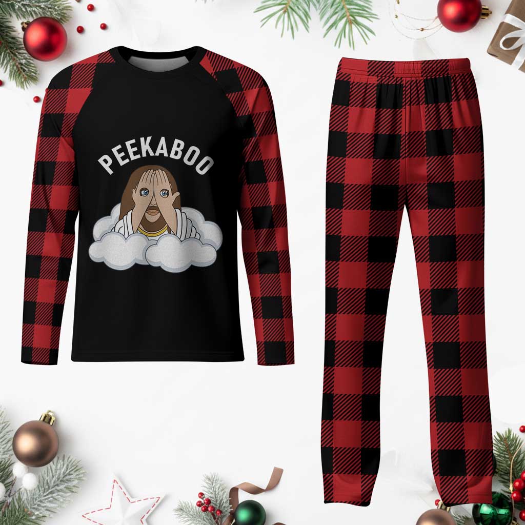 Peekaboo Jesus Funny Christian Plaid Pajama Set Faith Humor Savior in Clouds Religious Meme TS02 Buffalo Plaid Print Your Wear