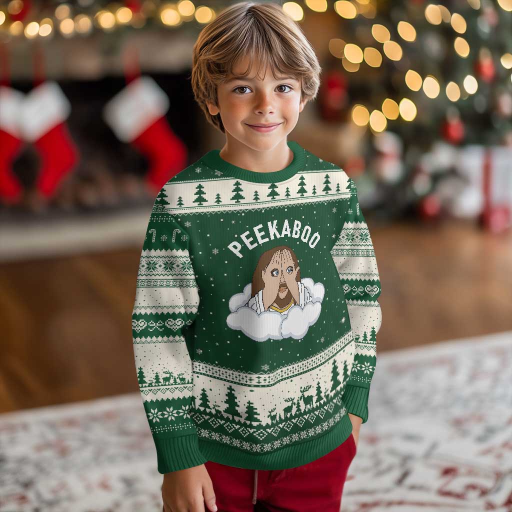 Peekaboo Jesus Funny Christian Ugly Christmas Sweater Faith Humor Savior in Clouds Religious Meme TS02 Forest Green Beige Print Your Wear