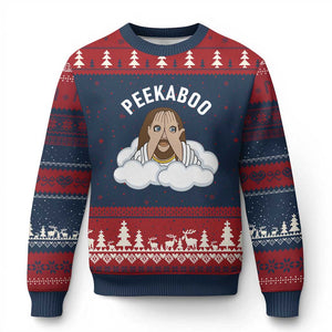 Peekaboo Jesus Funny Christian Ugly Christmas Sweater Faith Humor Savior in Clouds Religious Meme TS02 Navy Red Print Your Wear