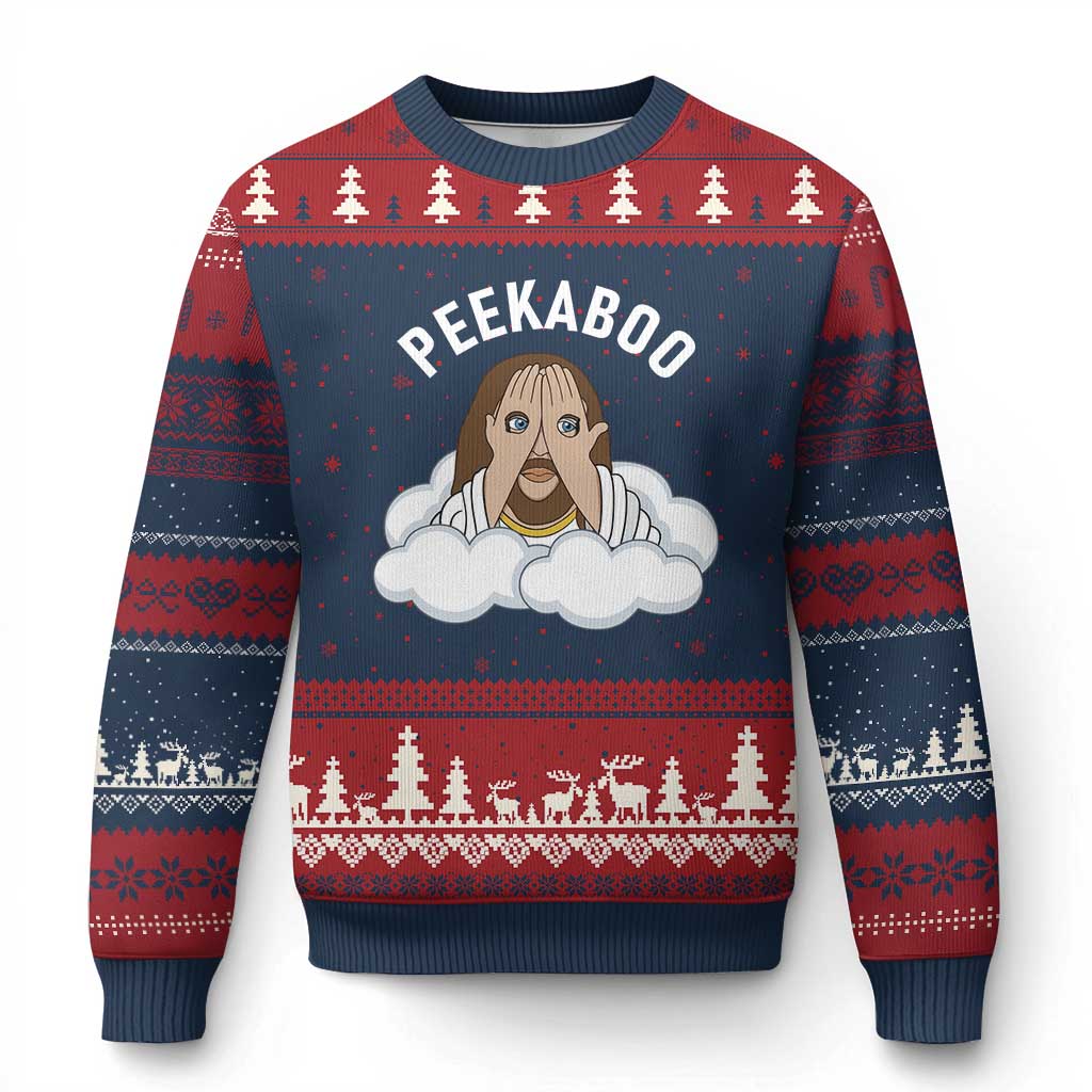 Peekaboo Jesus Funny Christian Ugly Christmas Sweater Faith Humor Savior in Clouds Religious Meme TS02 Navy Red Print Your Wear