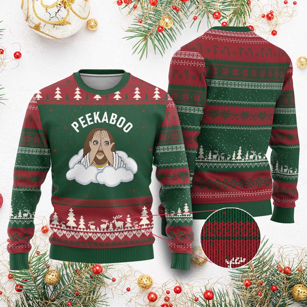 Peekaboo Jesus Funny Christian Ugly Christmas Sweater Faith Humor Savior in Clouds Religious Meme TS02 Red Green Print Your Wear