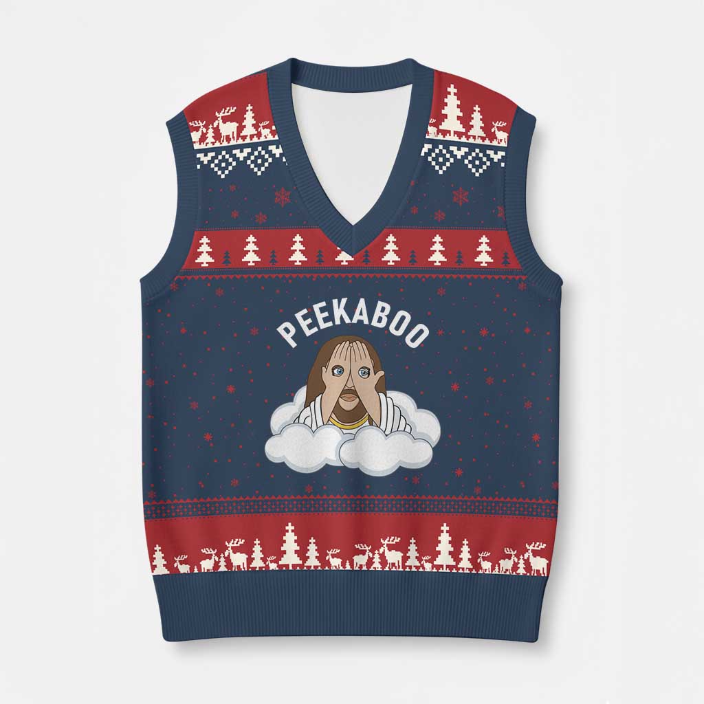 Peekaboo Jesus Funny Christian V-Neck Knit Sweater Vest Faith Humor Savior in Clouds Religious Meme TS02 Navy Red Print Your Wear