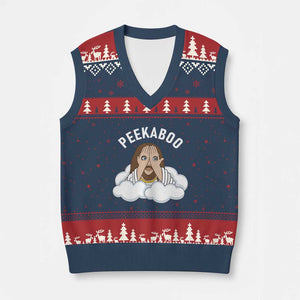 Peekaboo Jesus Funny Christian V-Neck Knit Sweater Vest Faith Humor Savior in Clouds Religious Meme TS02 Navy Red Print Your Wear
