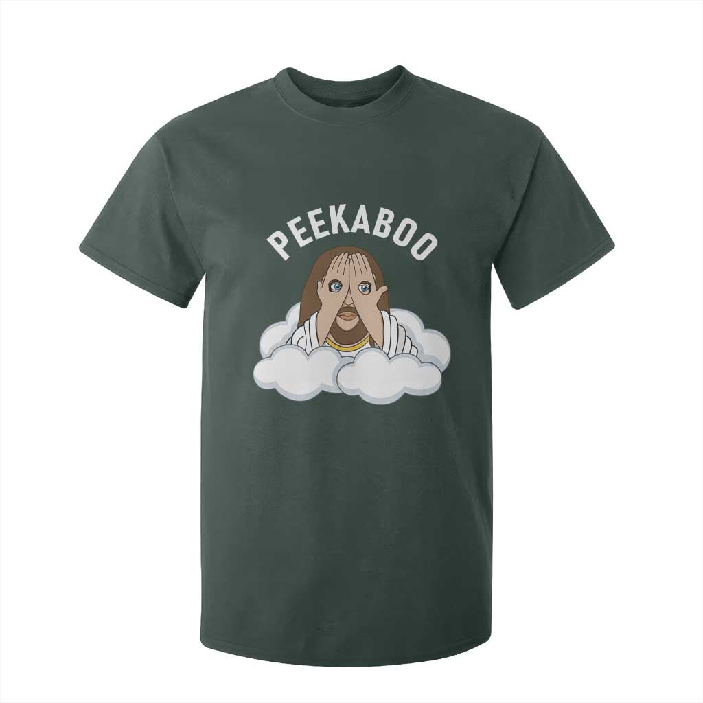 Peekaboo Jesus Funny Christian T Shirt For Kid Faith Humor Savior in Clouds Religious Meme TS02 Dark Forest Green Print Your Wear