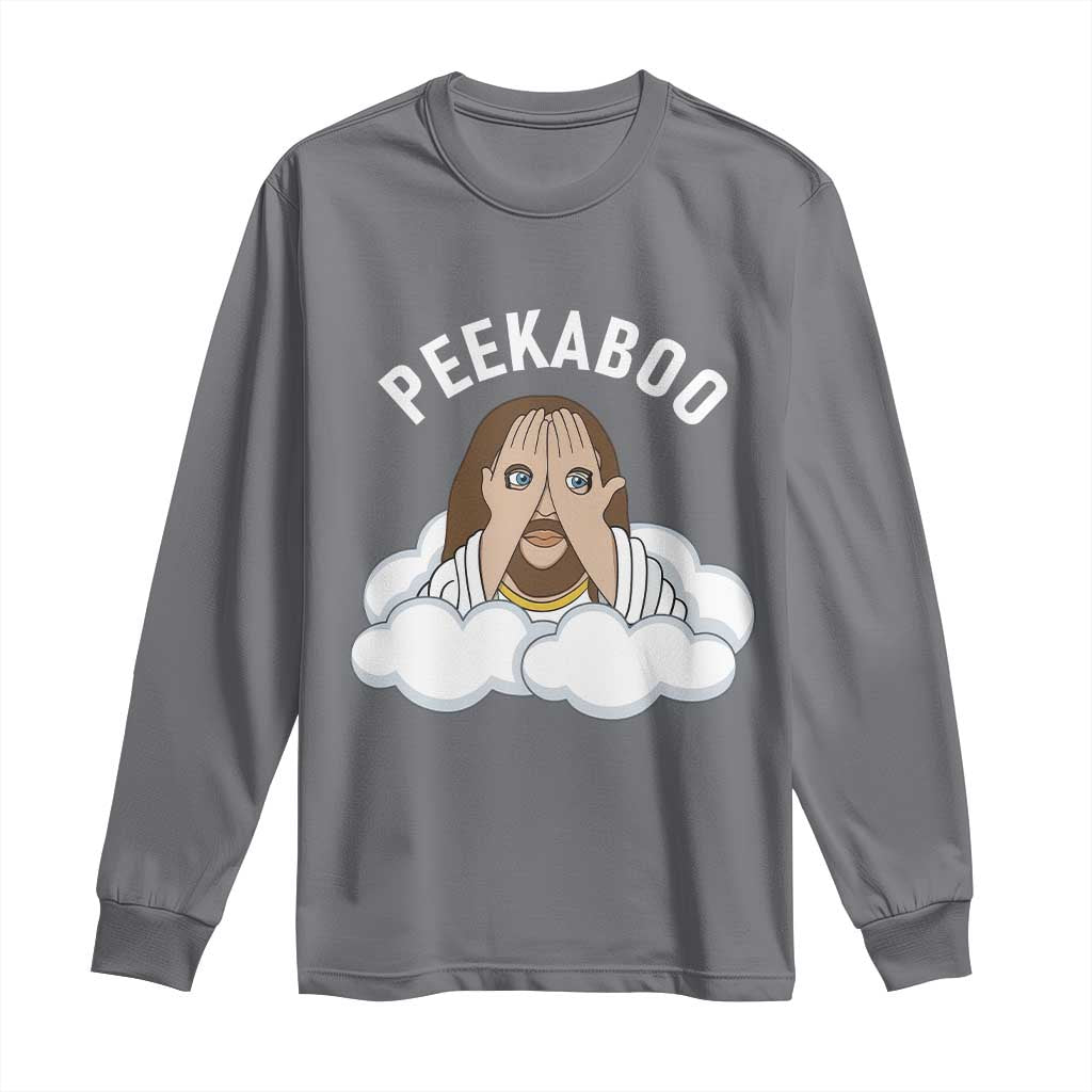 Peekaboo Jesus Funny Christian Long Sleeve Shirt Faith Humor Savior in Clouds Religious Meme TS02 Charcoal Print Your Wear