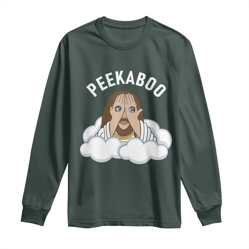 Peekaboo Jesus Funny Christian Long Sleeve Shirt Faith Humor Savior in Clouds Religious Meme TS02 Dark Forest Green Print Your Wear