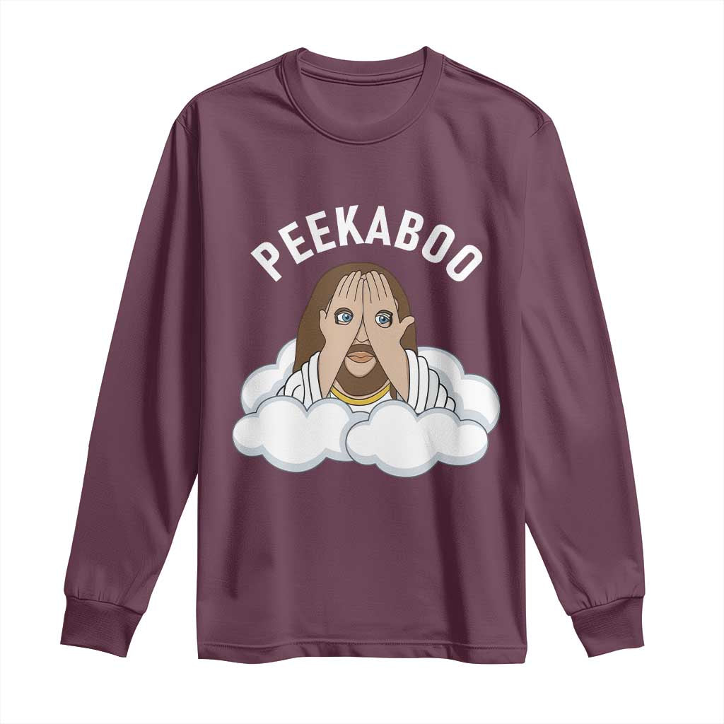 Peekaboo Jesus Funny Christian Long Sleeve Shirt Faith Humor Savior in Clouds Religious Meme TS02 Maroon Print Your Wear