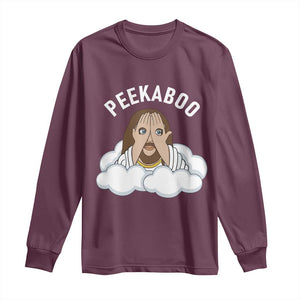 Peekaboo Jesus Funny Christian Long Sleeve Shirt Faith Humor Savior in Clouds Religious Meme TS02 Maroon Print Your Wear