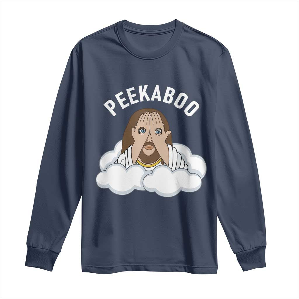 Peekaboo Jesus Funny Christian Long Sleeve Shirt Faith Humor Savior in Clouds Religious Meme TS02 Navy Print Your Wear