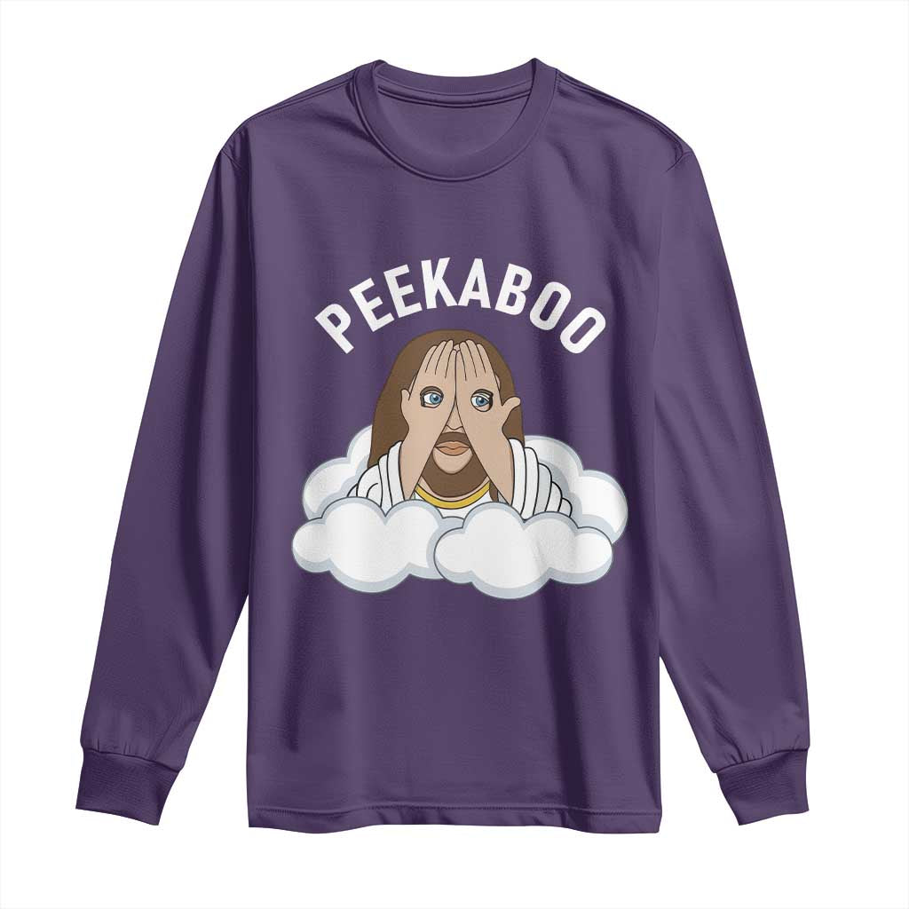 Peekaboo Jesus Funny Christian Long Sleeve Shirt Faith Humor Savior in Clouds Religious Meme TS02 Purple Print Your Wear