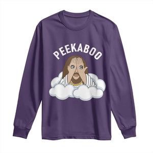 Peekaboo Jesus Funny Christian Long Sleeve Shirt Faith Humor Savior in Clouds Religious Meme TS02 Purple Print Your Wear