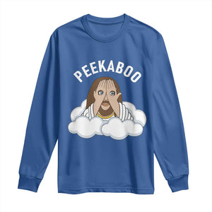 Peekaboo Jesus Funny Christian Long Sleeve Shirt Faith Humor Savior in Clouds Religious Meme TS02 Royal Blue Print Your Wear