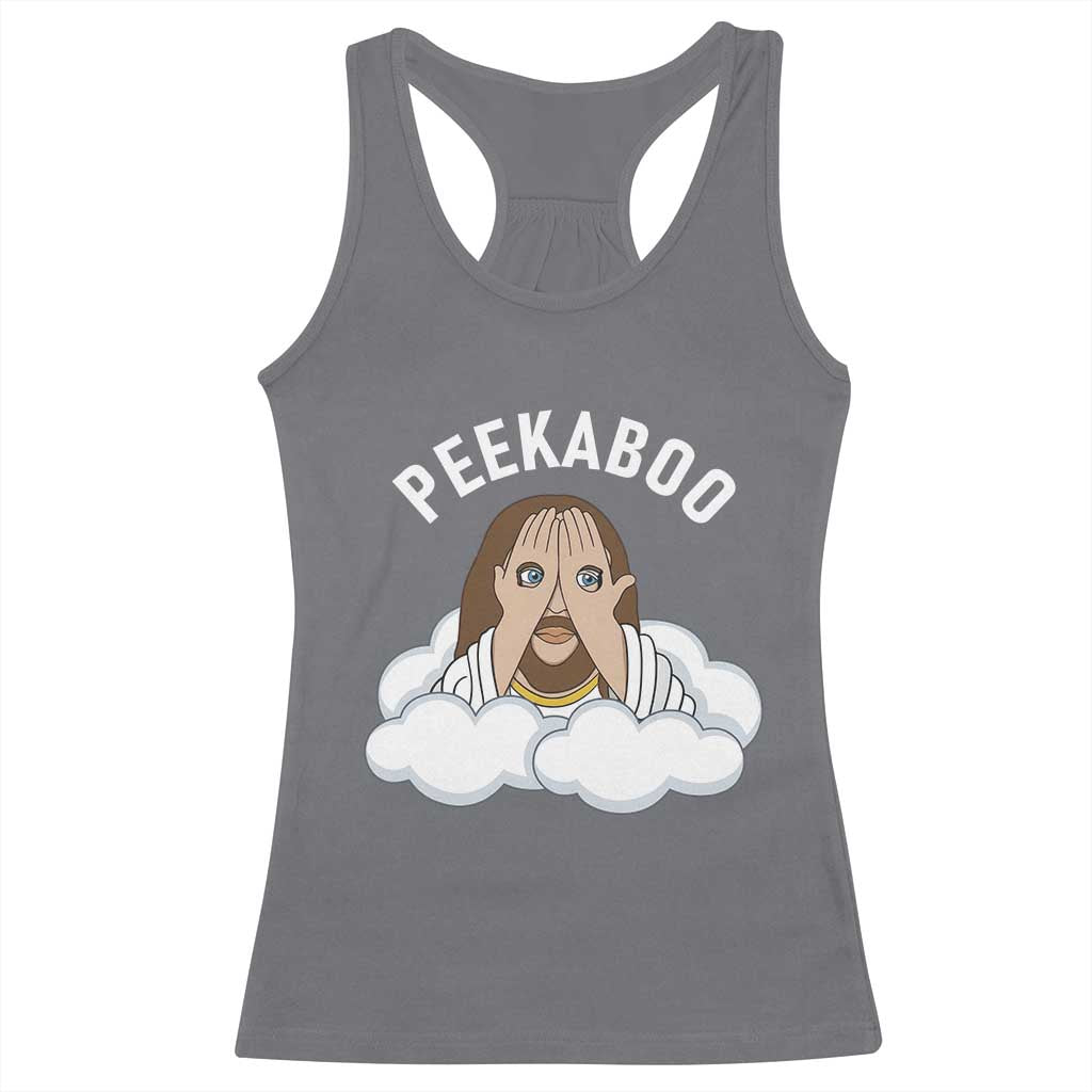 Peekaboo Jesus Funny Christian Racerback Tank Top Faith Humor Savior in Clouds Religious Meme TS02 Charcoal Print Your Wear