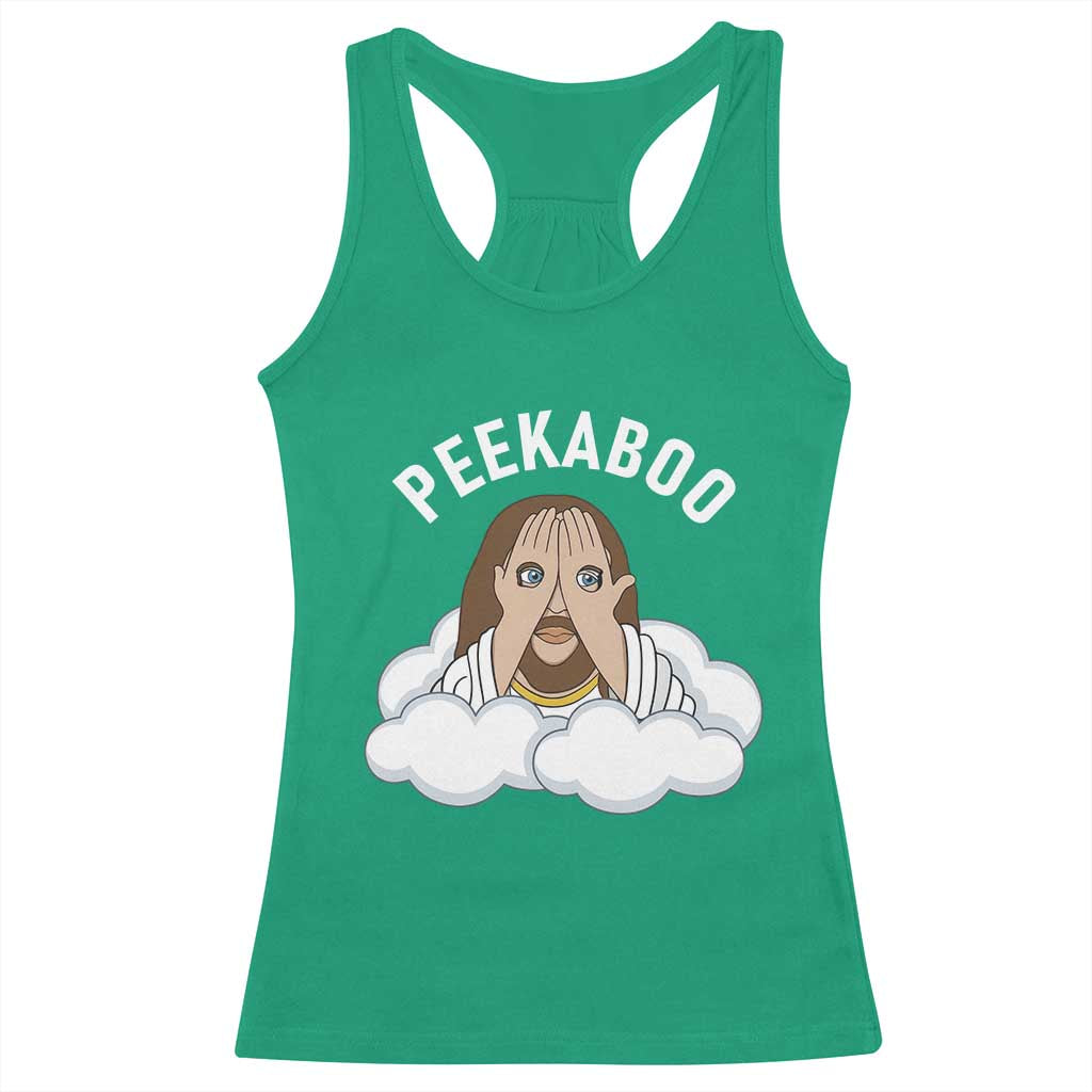 Peekaboo Jesus Funny Christian Racerback Tank Top Faith Humor Savior in Clouds Religious Meme TS02 Irish Green Print Your Wear