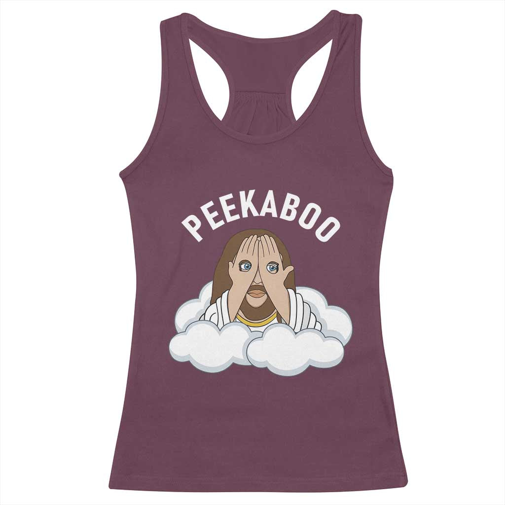 Peekaboo Jesus Funny Christian Racerback Tank Top Faith Humor Savior in Clouds Religious Meme TS02 Maroon Print Your Wear