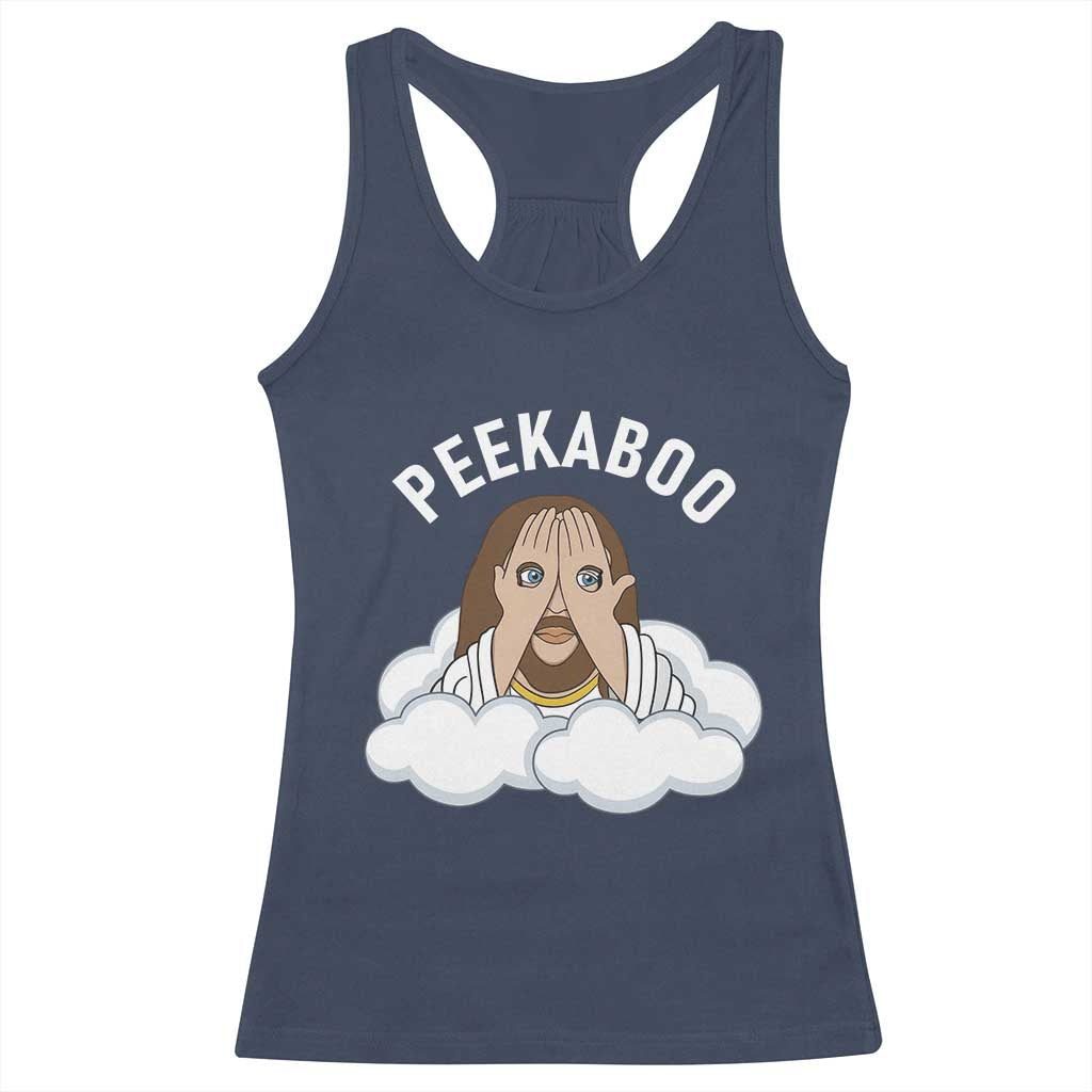 Peekaboo Jesus Funny Christian Racerback Tank Top Faith Humor Savior in Clouds Religious Meme TS02 Navy Print Your Wear