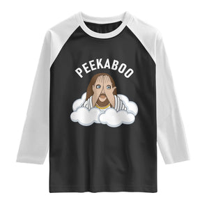 Peekaboo Jesus Funny Christian Raglan Shirt Faith Humor Savior in Clouds Religious Meme TS02 Black White Print Your Wear