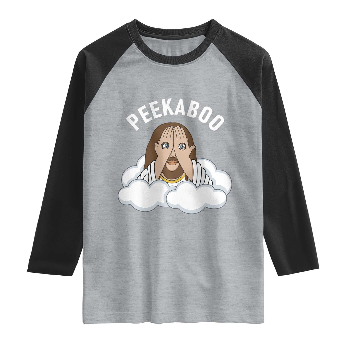 Peekaboo Jesus Funny Christian Raglan Shirt Faith Humor Savior in Clouds Religious Meme TS02 Heather Gray Black Print Your Wear