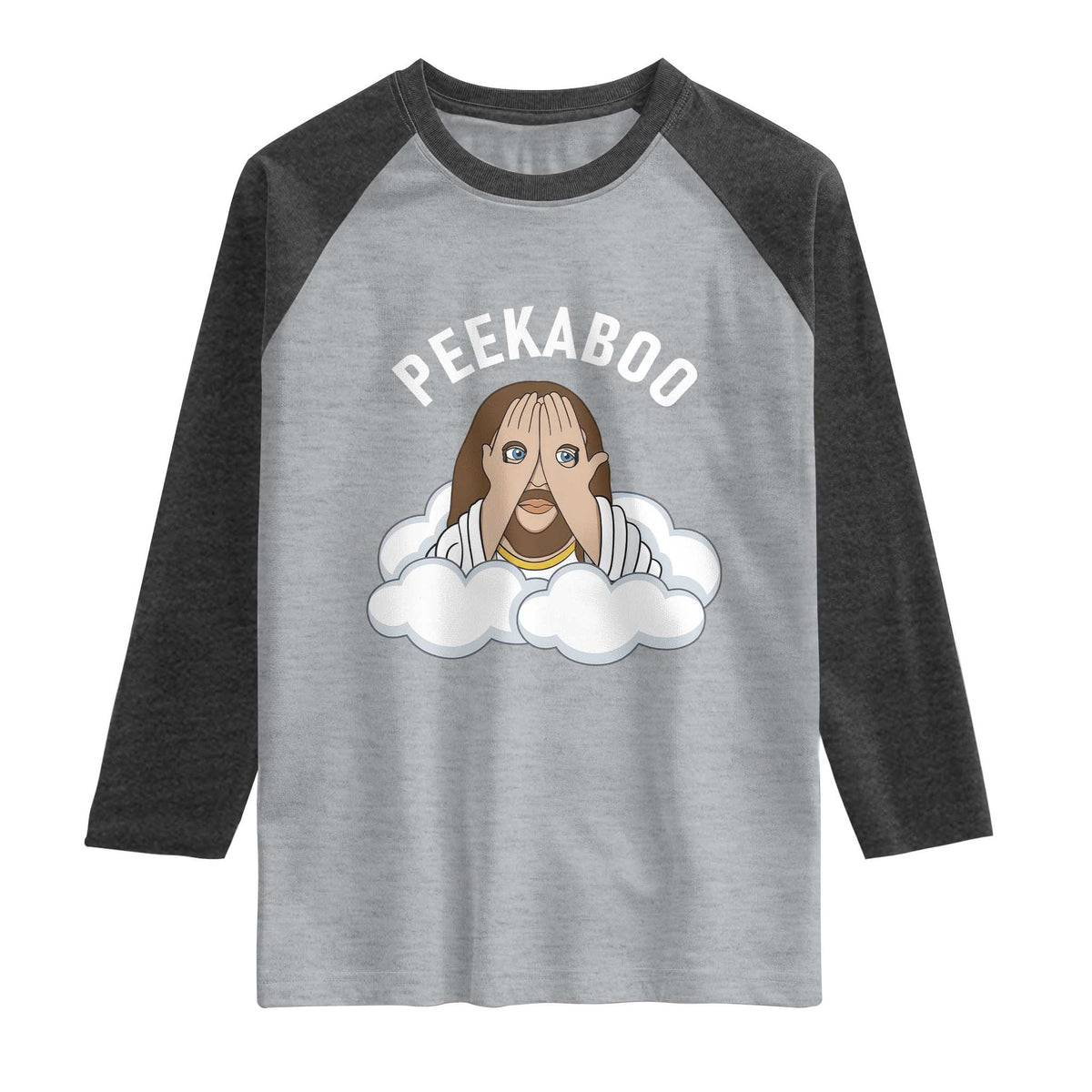 Peekaboo Jesus Funny Christian Raglan Shirt Faith Humor Savior in Clouds Religious Meme TS02 Heather Gray Heather Charcoal Print Your Wear