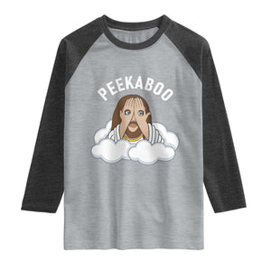 Peekaboo Jesus Funny Christian Raglan Shirt Faith Humor Savior in Clouds Religious Meme TS02 Heather Gray Heather Charcoal Print Your Wear